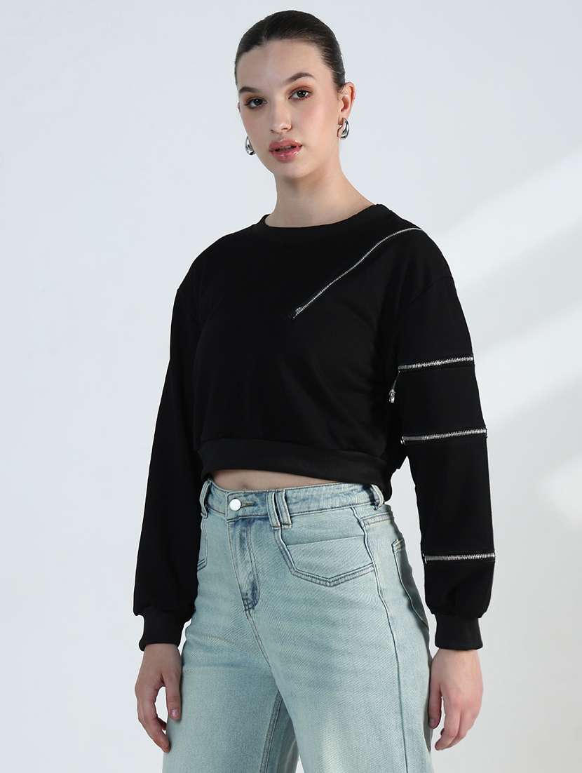 women black solid long sleeve cropped pullover - 22173744 -  Standard Image - 2
