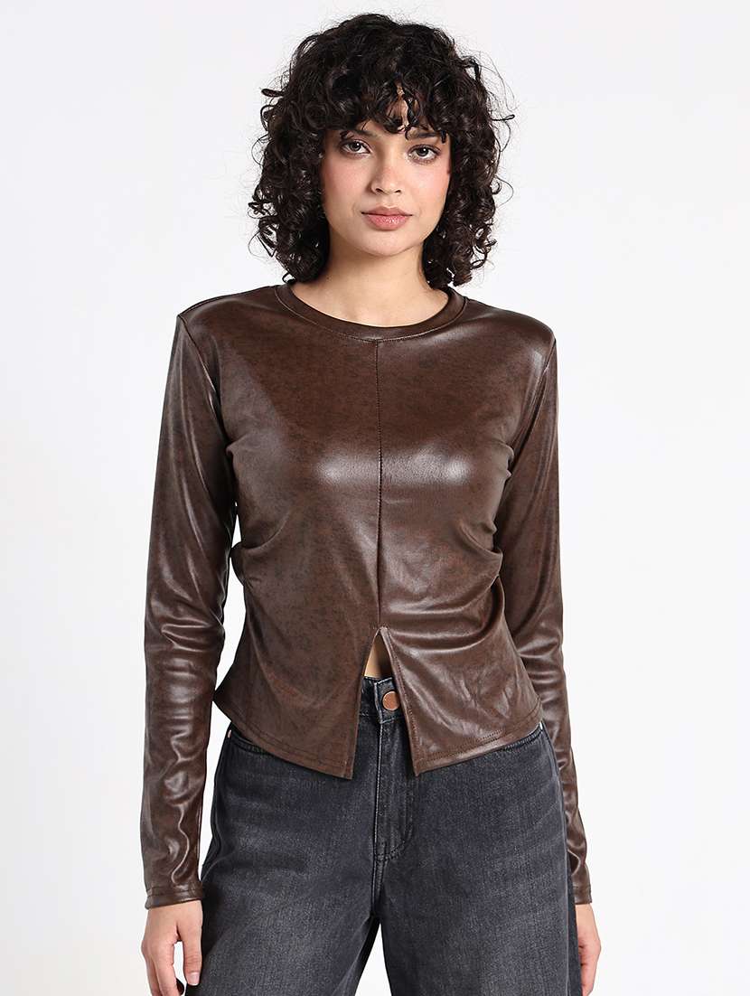 women brown long sleeve faux leather regular top - 22173746 -  Standard Image - 2