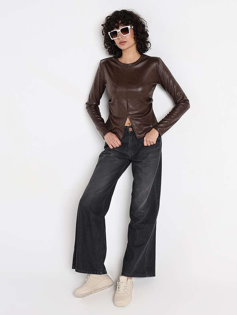 women brown long sleeve faux leather regular top - 22173746 -  Standard Image - 7