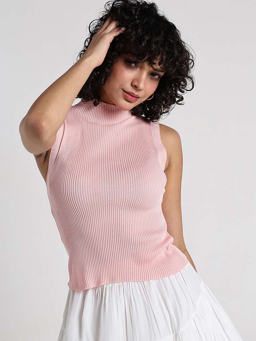 women solid high neck sleeveless tank top