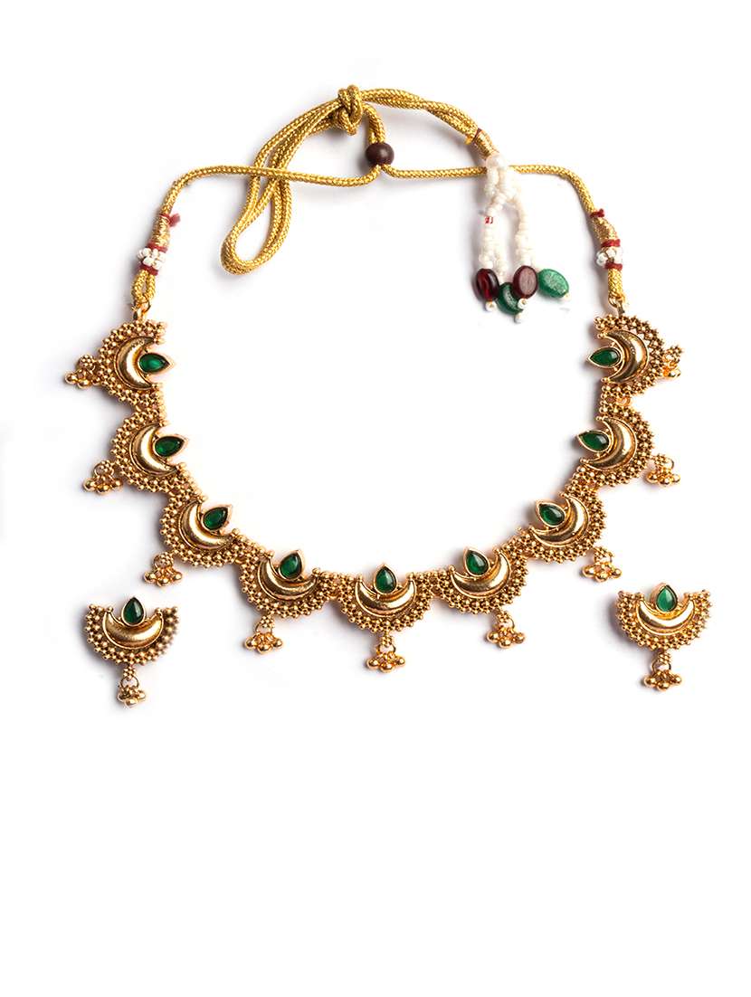gold finish green half moon shape necklace set - 22173753 -  Standard Image - 2