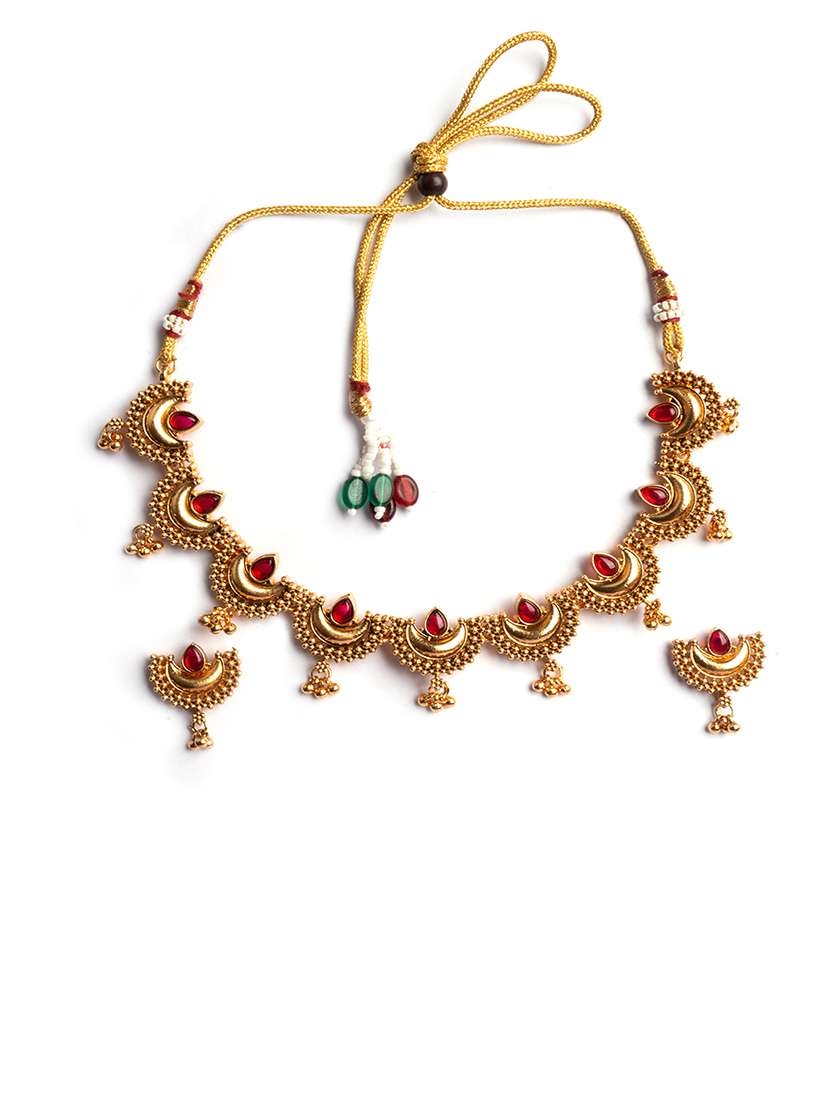 gold finish red half moon shape necklace set - 22173754 -  Standard Image - 2