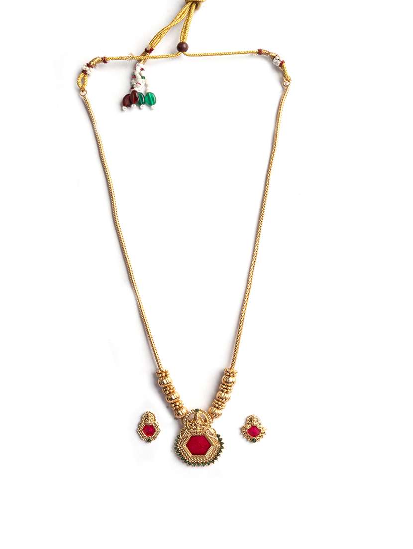 gold plated red meenakari and beads necklace set - 22173761 -  Standard Image - 2