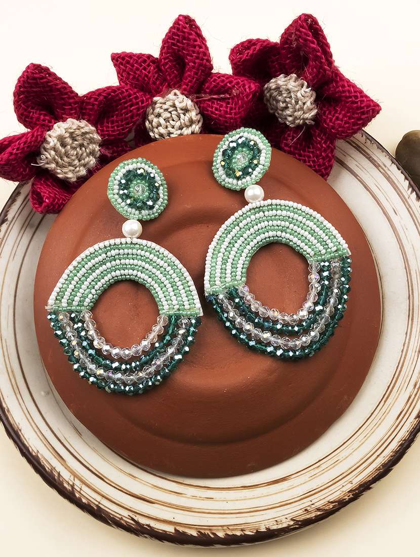 handmade green half moon pearl earrings