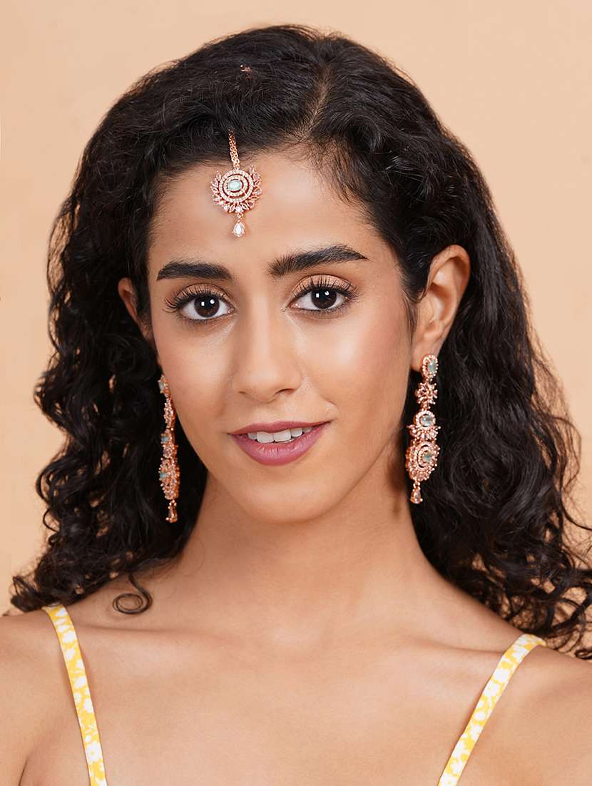 ravishing rose gold plated cz studded long drop earrings-mangtika set - 22173786 -  Standard Image - 2