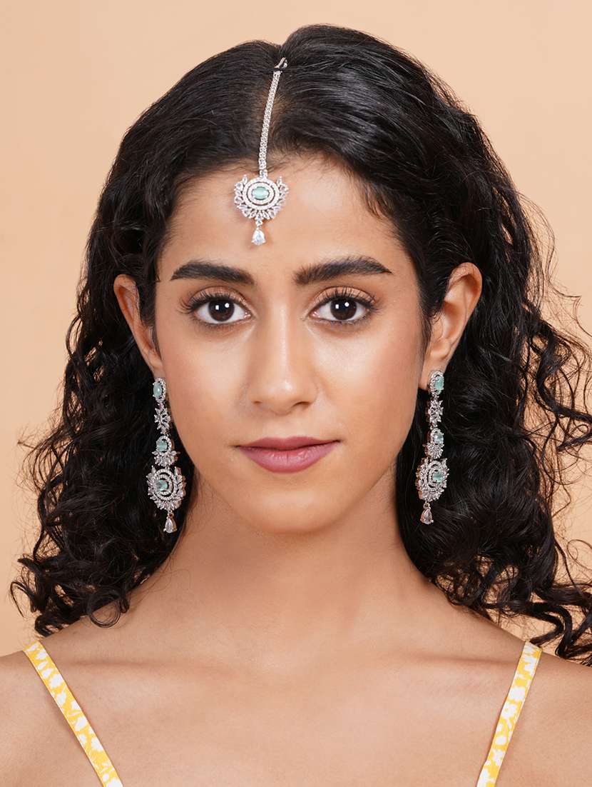 stunning silver plated cz studded long drop earrings-maangtika set - 22173787 -  Standard Image - 2