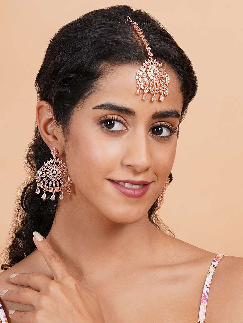 cz studded rose gold drop style earrings and maangtika set - 22173790 -  Standard Image - 2
