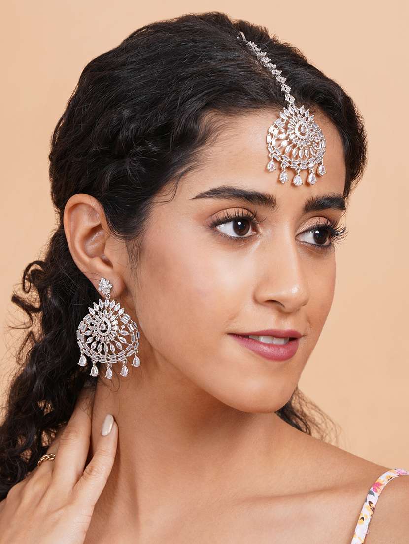 cz studded silver drop style earrings and maangtika set - 22173791 -  Standard Image - 2