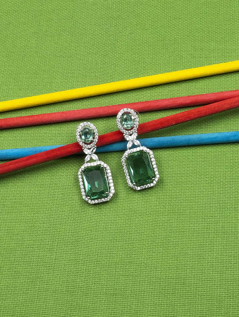 green crystal brass party wear drop earrings