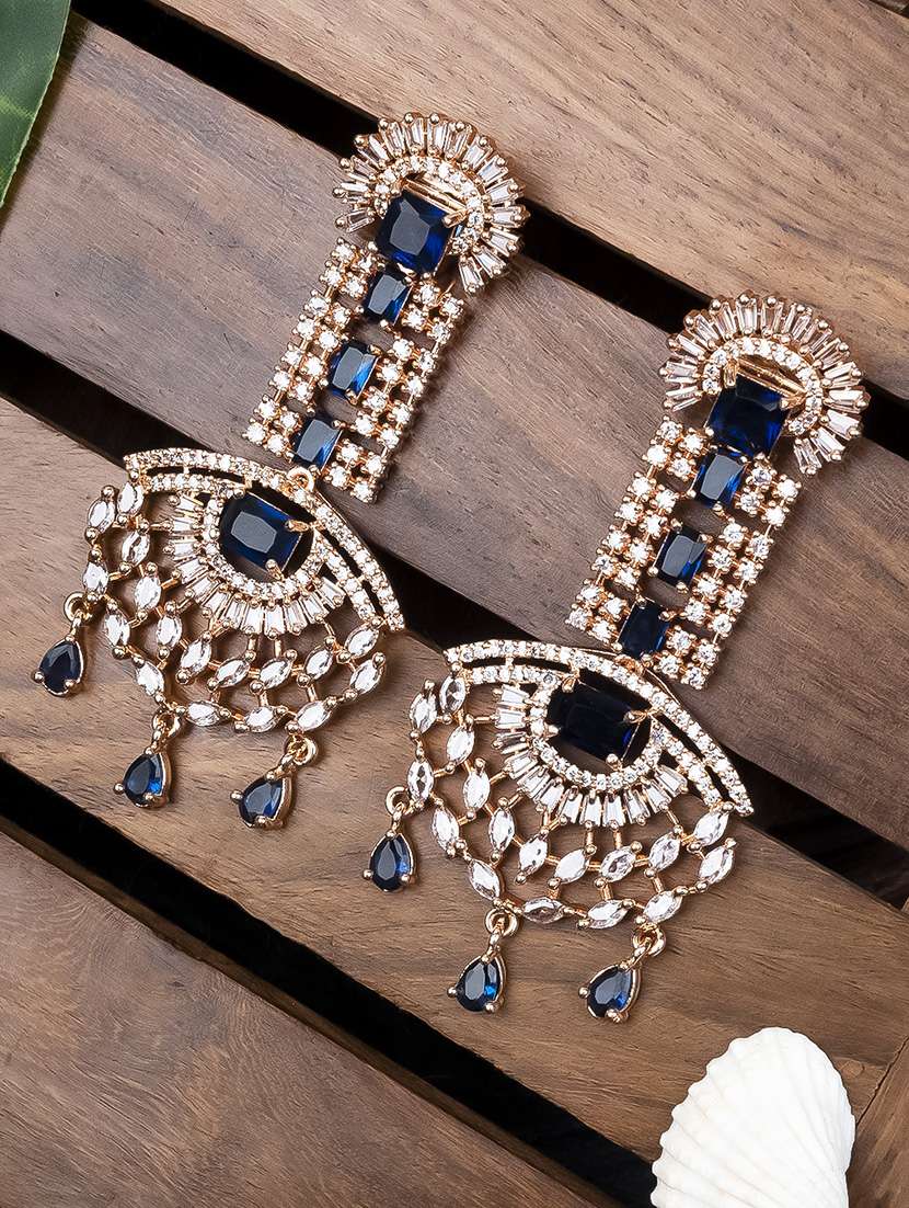 royal rose gold plated big size blue ad cz studded luxury earrings
