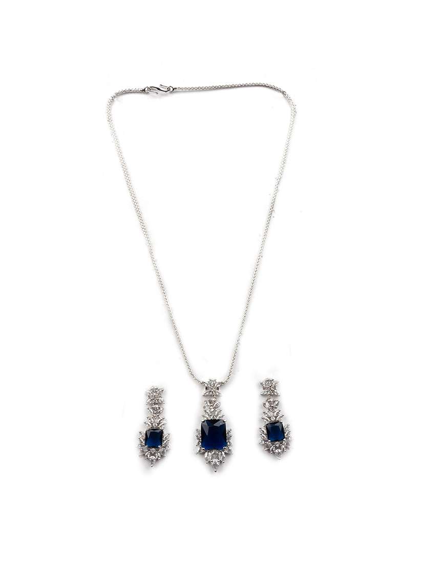 silver plated blue square ad cz studded leaf pendant set - 22173843 -  Standard Image - 2