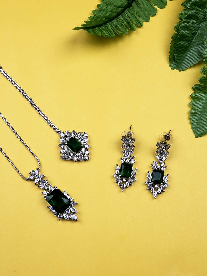silver plated green square ad cz studded leaf pendant set