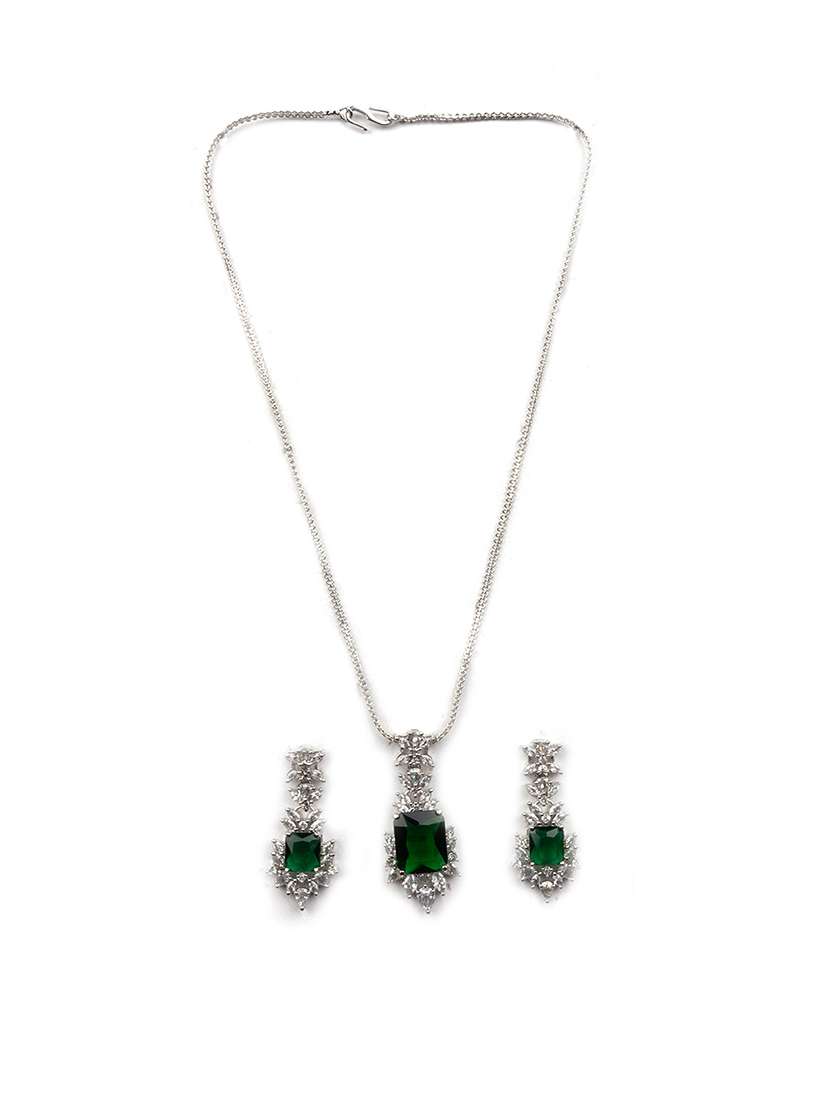 silver plated green square ad cz studded leaf pendant set - 22173844 -  Standard Image - 2