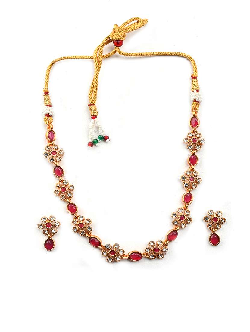 red kemp studded sleek flower necklace set - 22173876 -  Standard Image - 2