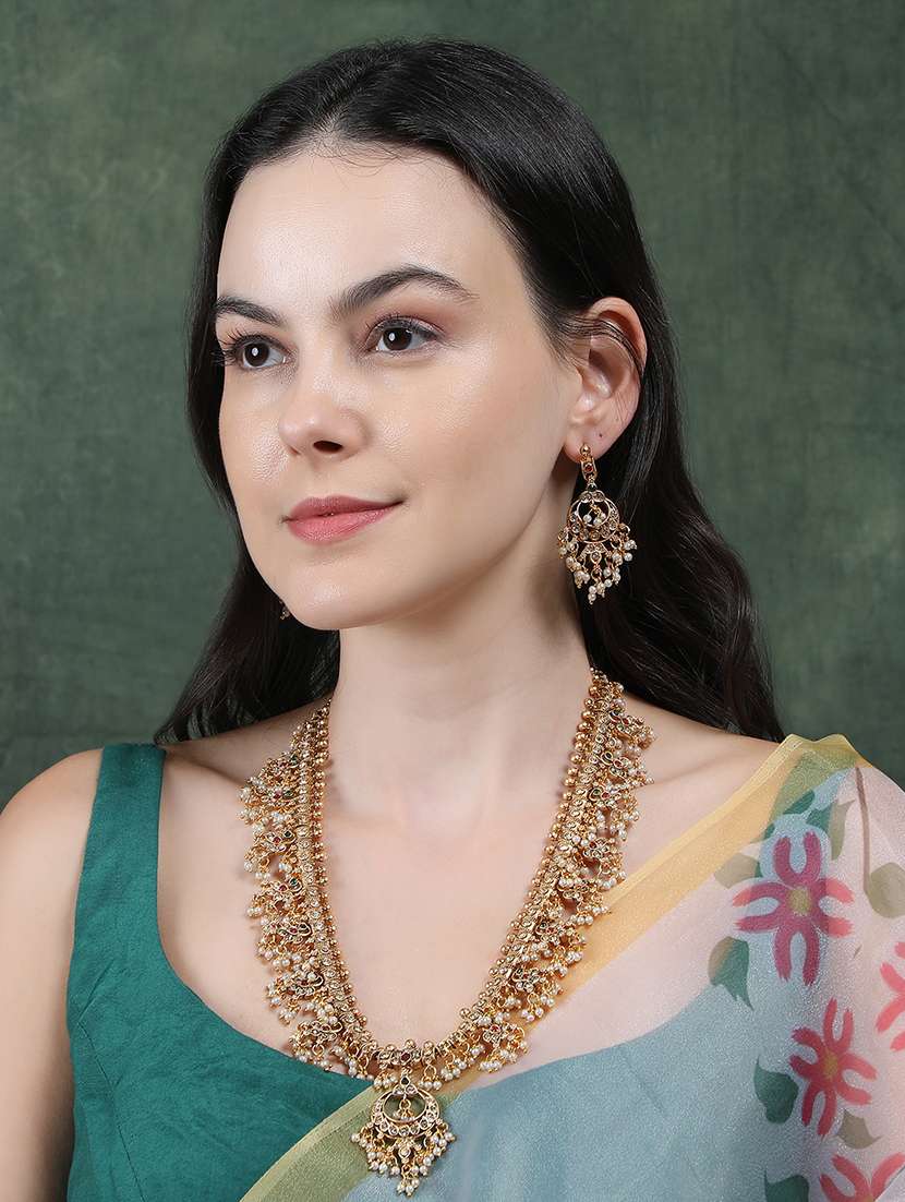 luxurious gold plated guttapusallu long necklace set - 22173877 -  Standard Image - 2