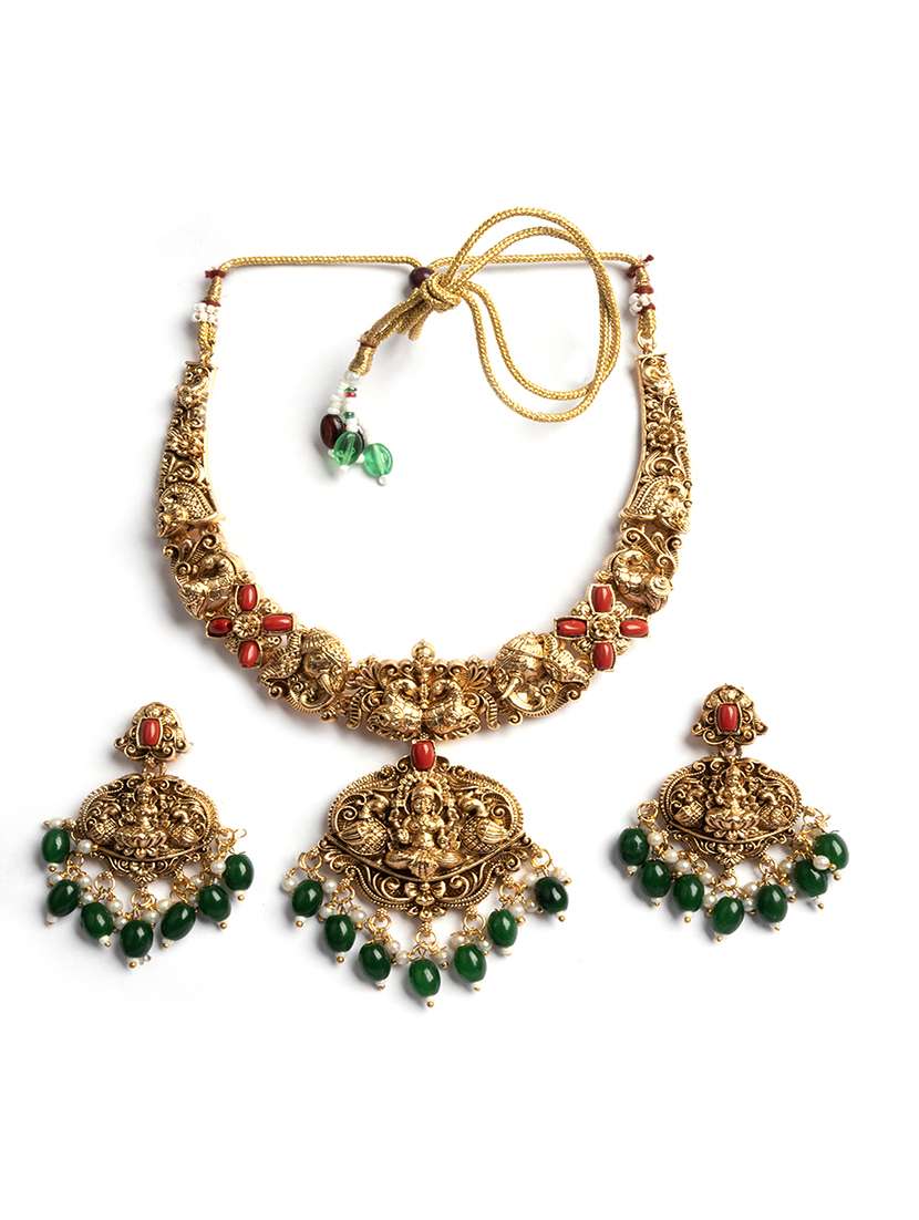 temple lakshmi necklace set with green beads - 22173883 -  Standard Image - 2