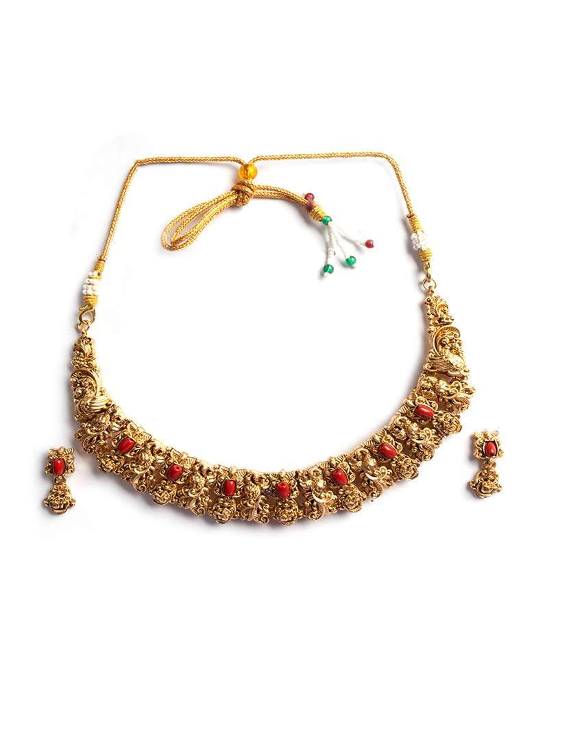 antique matte finish coral stones studded necklace set - 22173885 -  Standard Image - 2