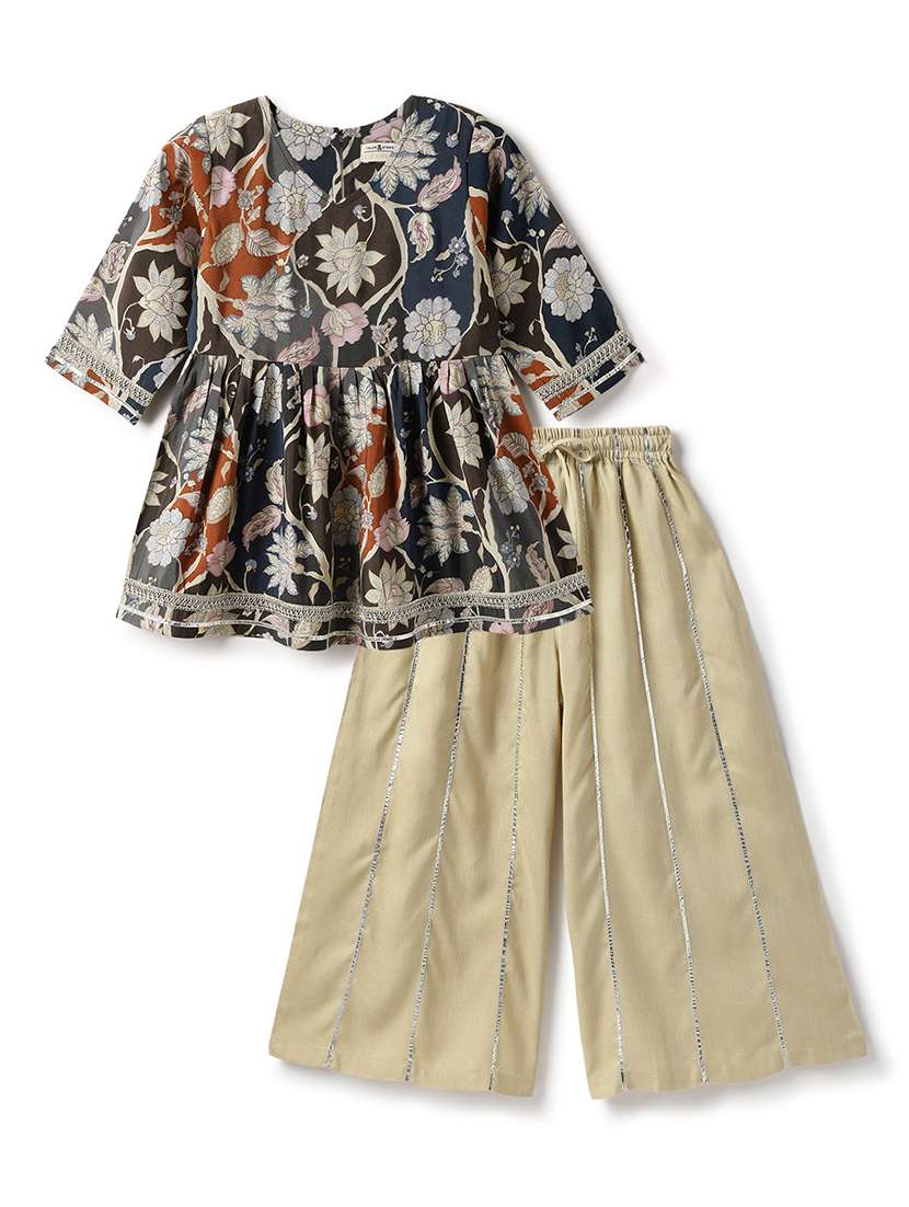 girls printed three quarter sleeve kurta and palazzo set