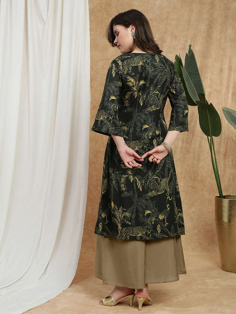 globus women olive v-neck bell sleeves tropical wildlife print thread work a-line kurta - 22173997 -  Standard Image - 2