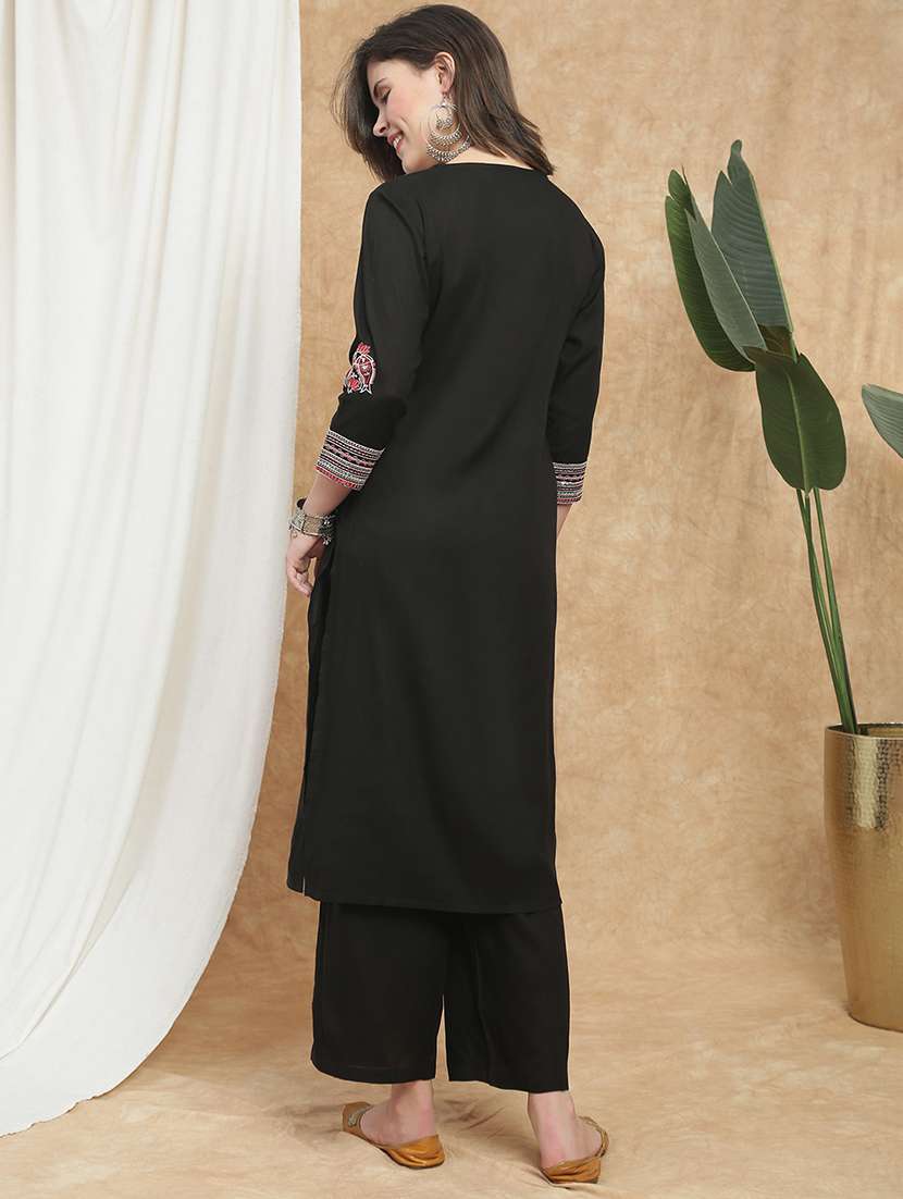 globus women black v-neck embroidered detail straight kurta & pant set - 22173999 -  Standard Image - 2