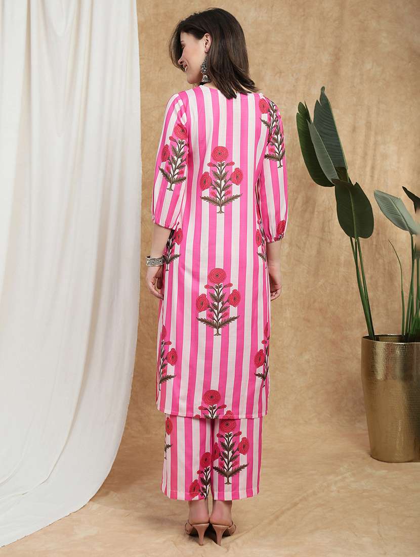 globus women pink floral stripes print bishop sleeves straight kurta & pant set - 22174001 -  Standard Image - 2