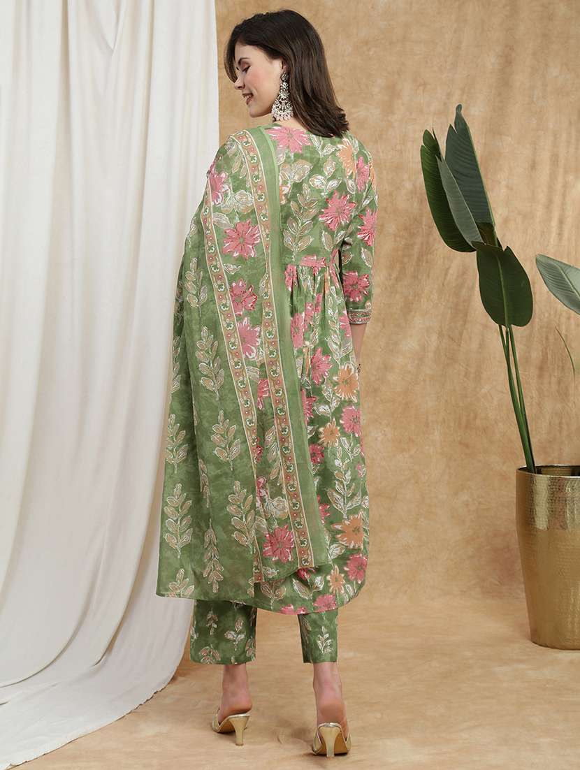globus women green floral print v-neck embroidered gotta lace detail flared hem a-line kurta with pant & dupatta set - 22174002 -  Standard Image - 2