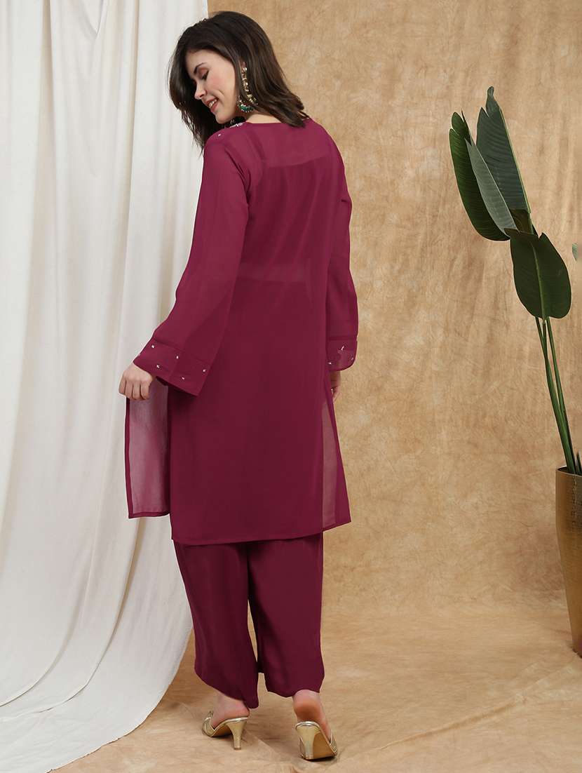 globus women maroon v-neck bell sleeves sequin embellished detail kurta with crop top & wide leg trouser festive set - 22174007 -  Standard Image - 2