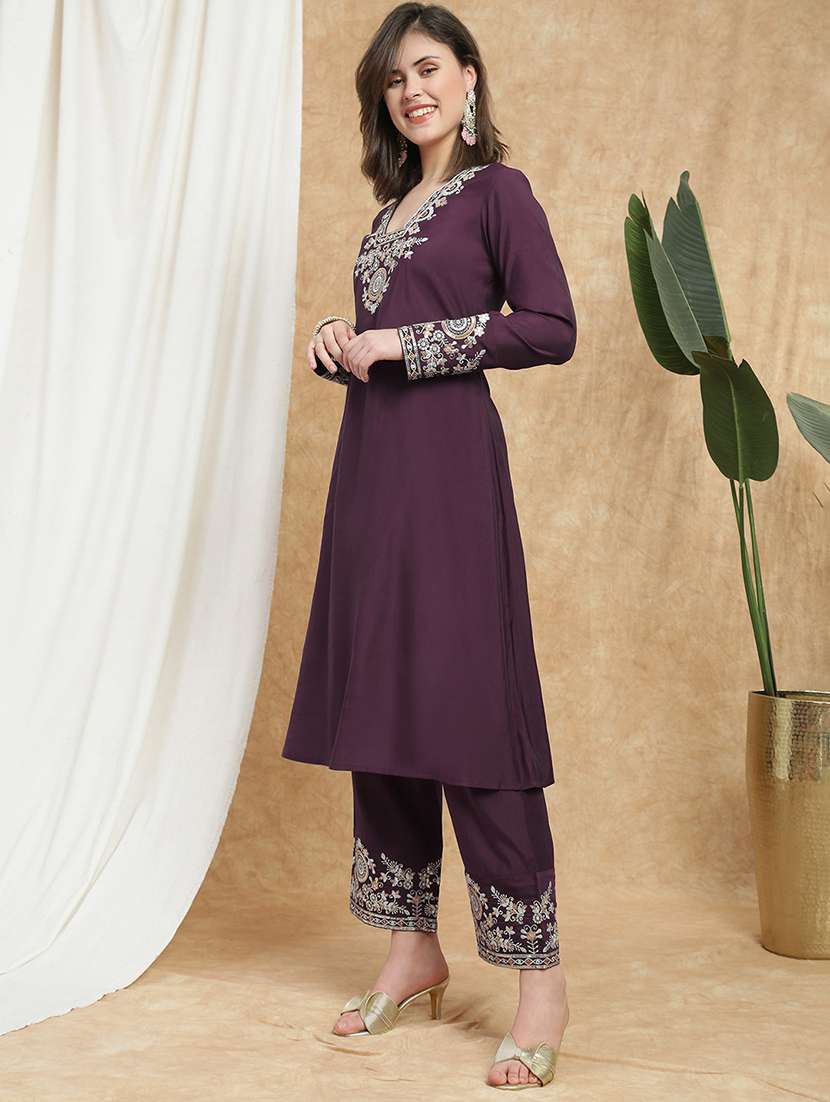 globus women purple v-neck long sleeves sequin zari embroidered a-line kurta with pant festive set - 22174009 -  Standard Image - 2