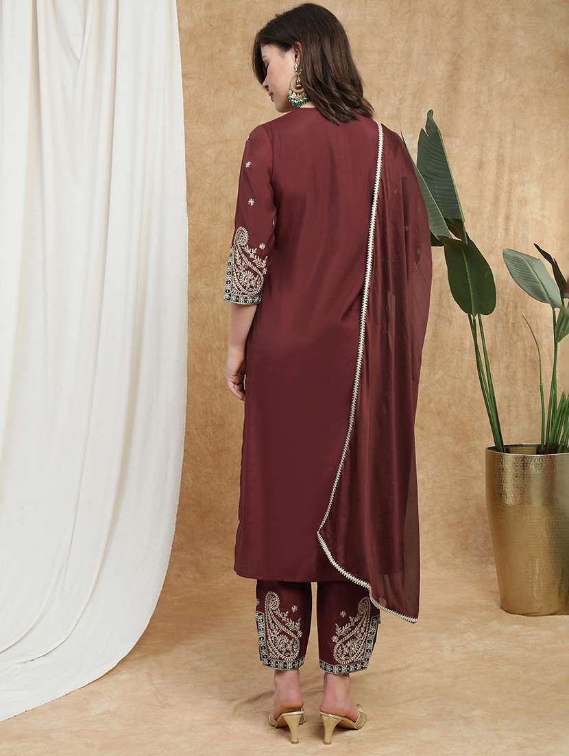 globus women maroon round neck all-over embroidered yoke a-line kurta with wide leg pants & dupatta festive set - 22174011 -  Standard Image - 2