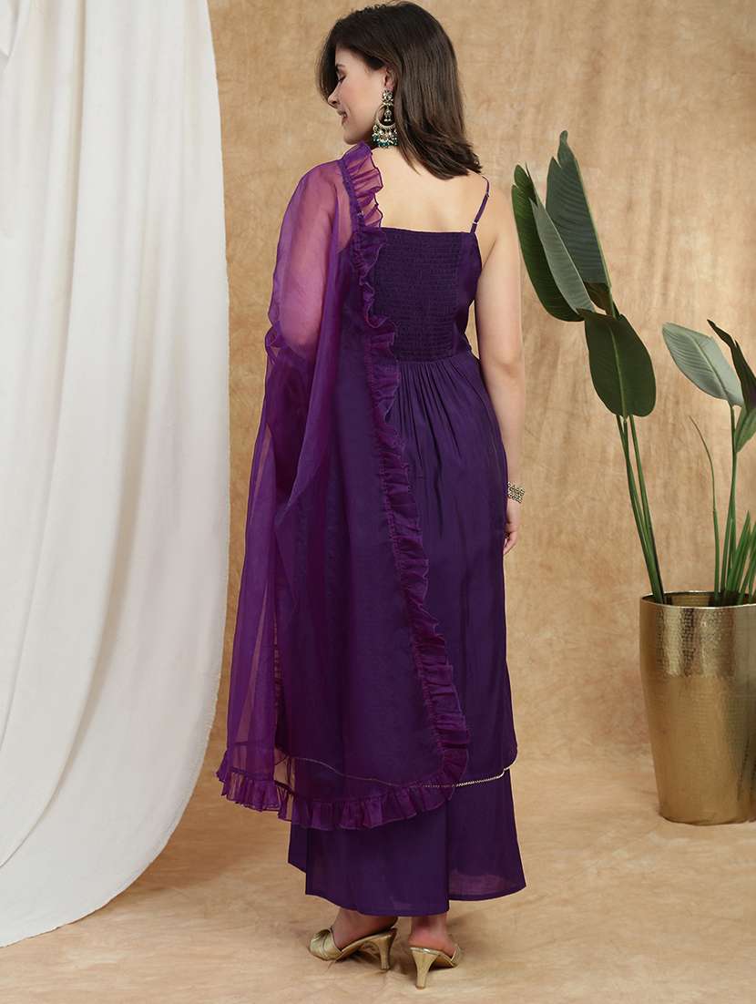 globus women purple square neck strappy sleeves sequin detail gotta lace hem a-line kurta with palazzos & frill dupatta set - 22174012 -  Standard Image - 2