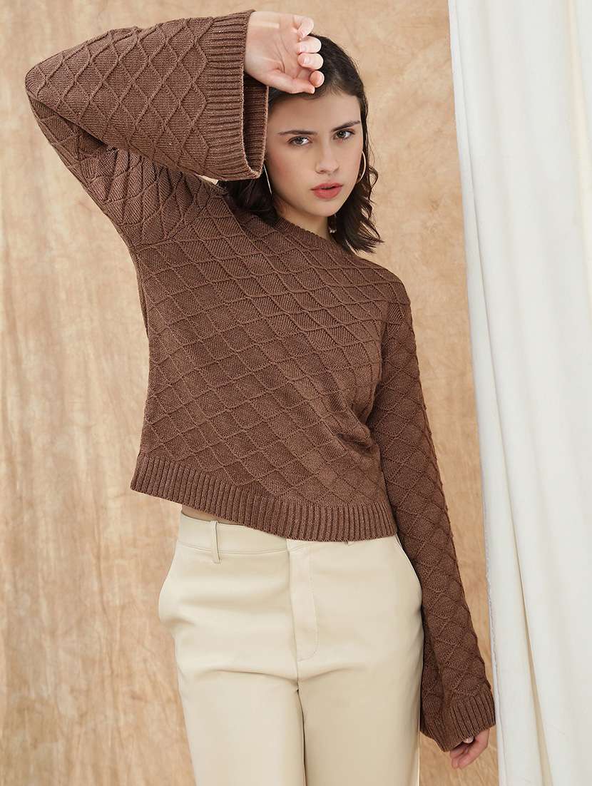 globus women brown round neck bell sleeve self design cable knitted ribbed hem acrylic winterwear pullover sweater