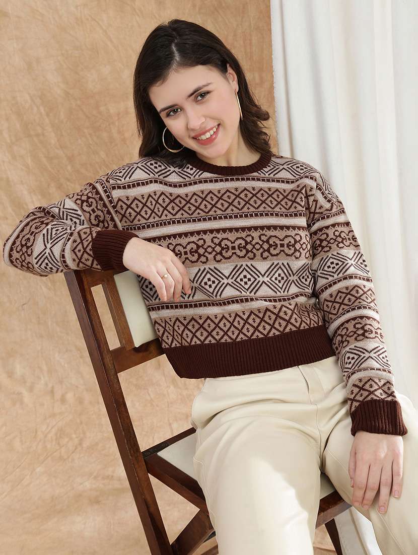 globus women brown round neck long sleeve self design knitted ribbed hem acrylic winterwear pullover sweater