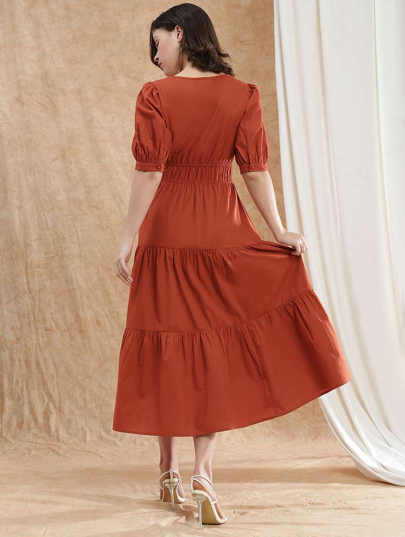 globus women rust square neck puff sleeves solid gathered tiered fit & flare maxi dress - 22174022 -  Standard Image - 2