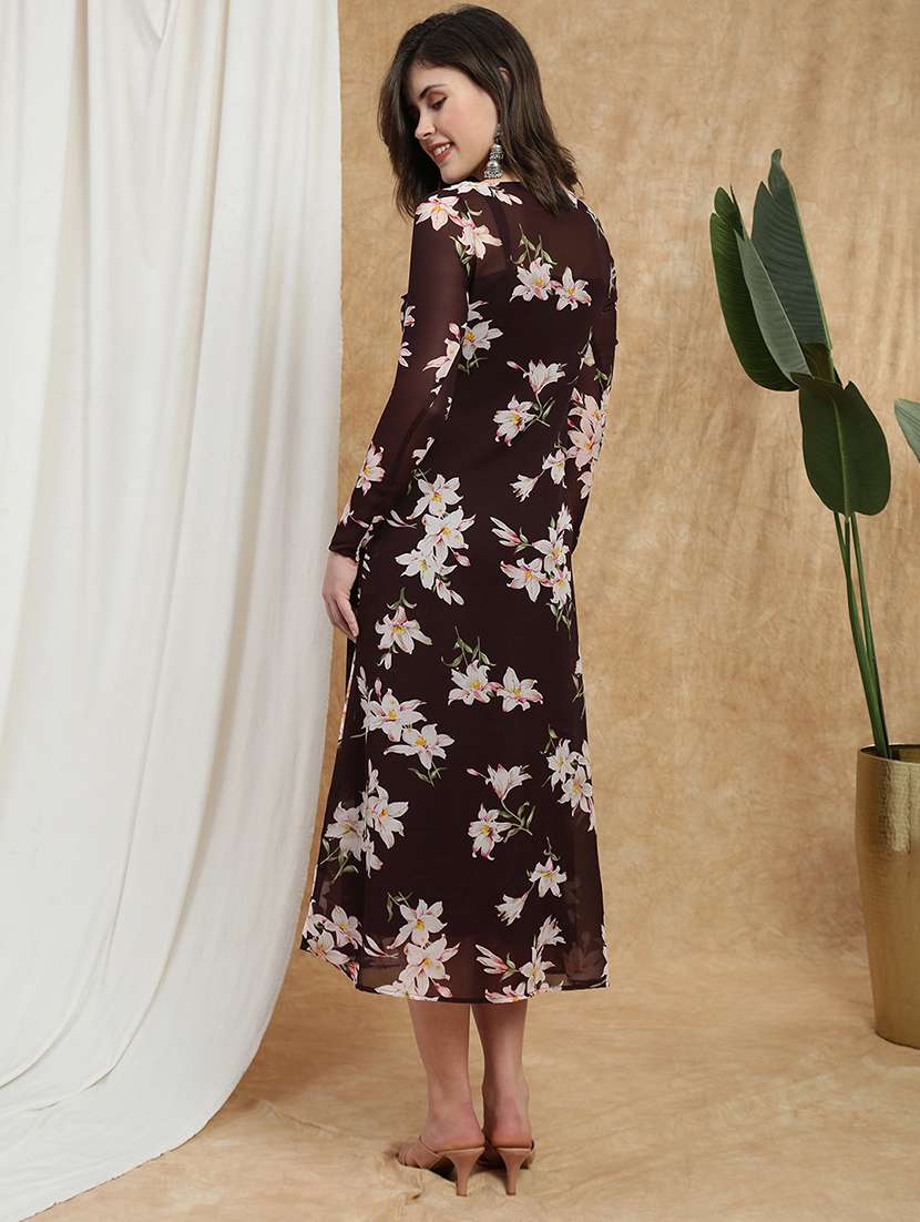 globus women mauve boat neck long sleeves floral print semi sheer midi a-line party dress - 22174025 -  Standard Image - 2