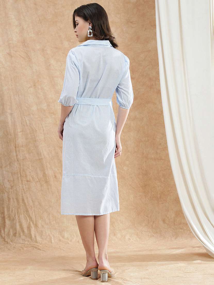 globus women blue collared neck puff sleeves striped midi workwear shirt dress with belt - 22174026 -  Standard Image - 2
