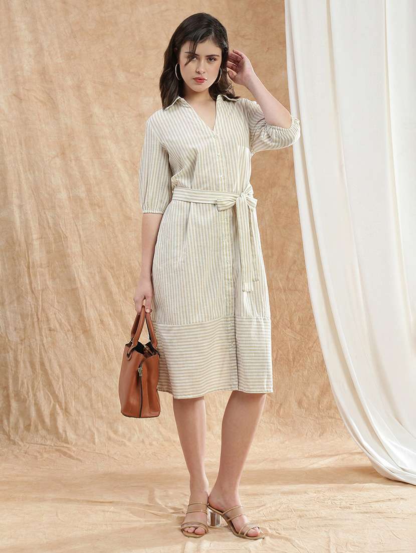 globus women brown collared neck puff sleeves striped midi workwear shirt dress with belt