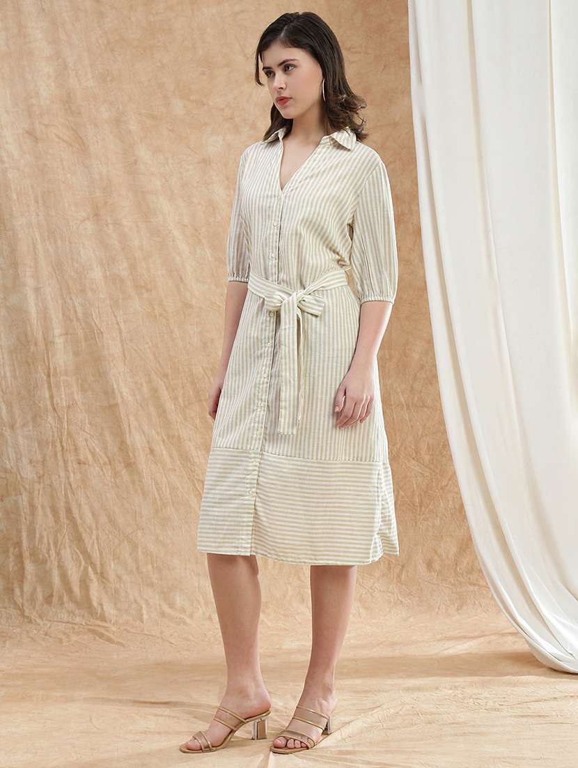 globus women brown collared neck puff sleeves striped midi workwear shirt dress with belt - 22174027 -  Standard Image - 2