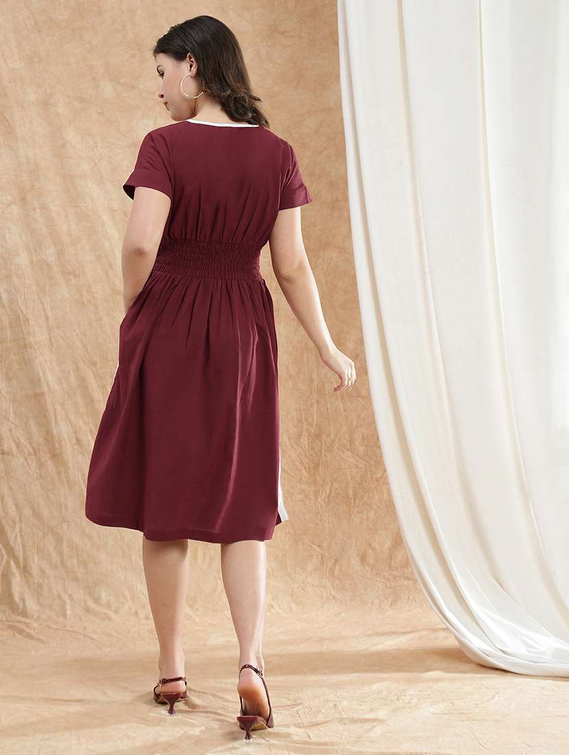 globus women maroon v-neck extended sleeves solid smocked side slit midi fit & flare dress - 22174028 -  Standard Image - 2