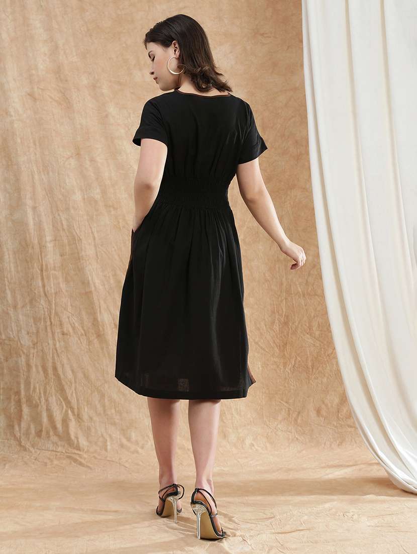 globus women black v-neck extended sleeves solid smocked side slit midi fit & flare dress - 22174029 -  Standard Image - 2