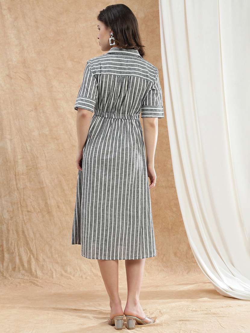 women striped short sleeve fit & flare dress - 22174030 -  Standard Image - 2