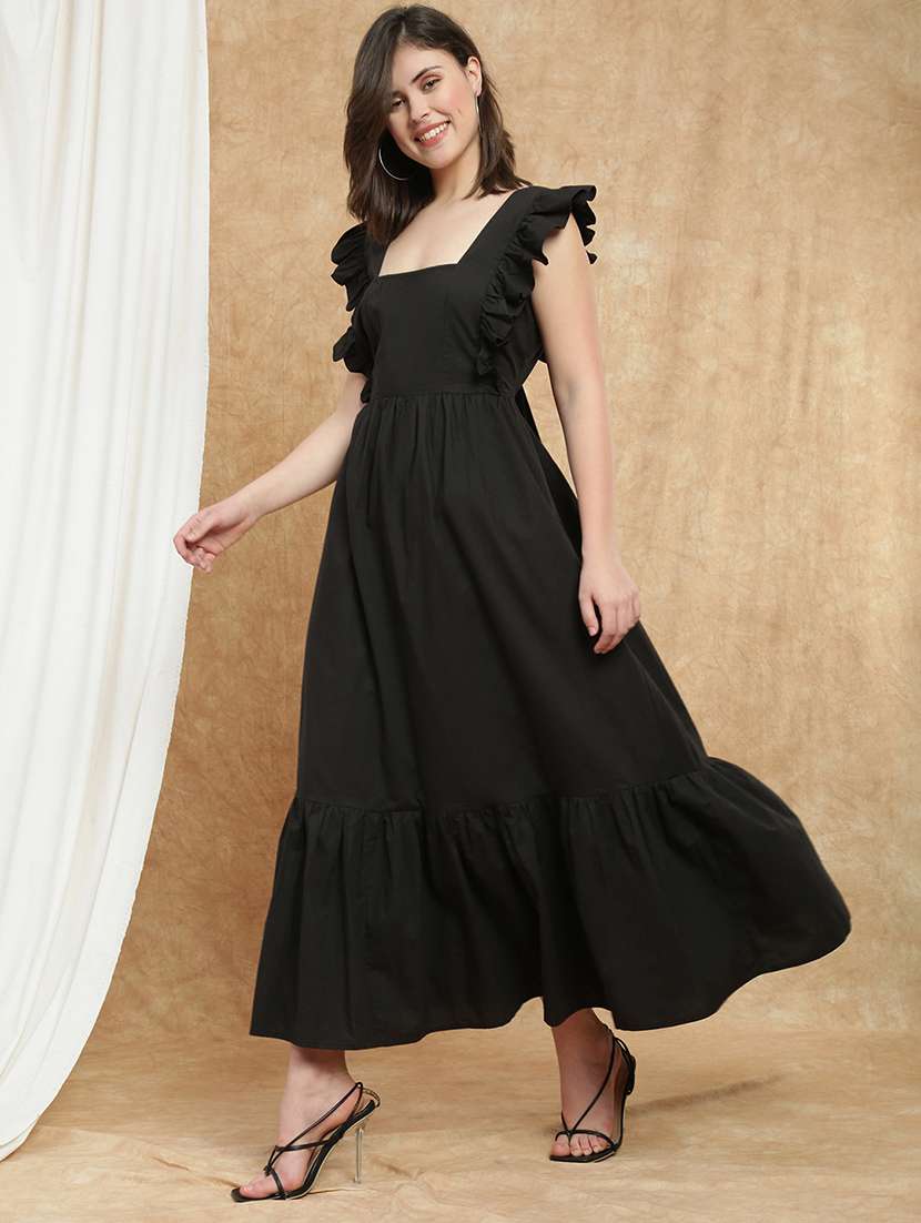 globus women black square neck flutter sleeves bow cut-out detail back tiered fit & flare maxi resort dress