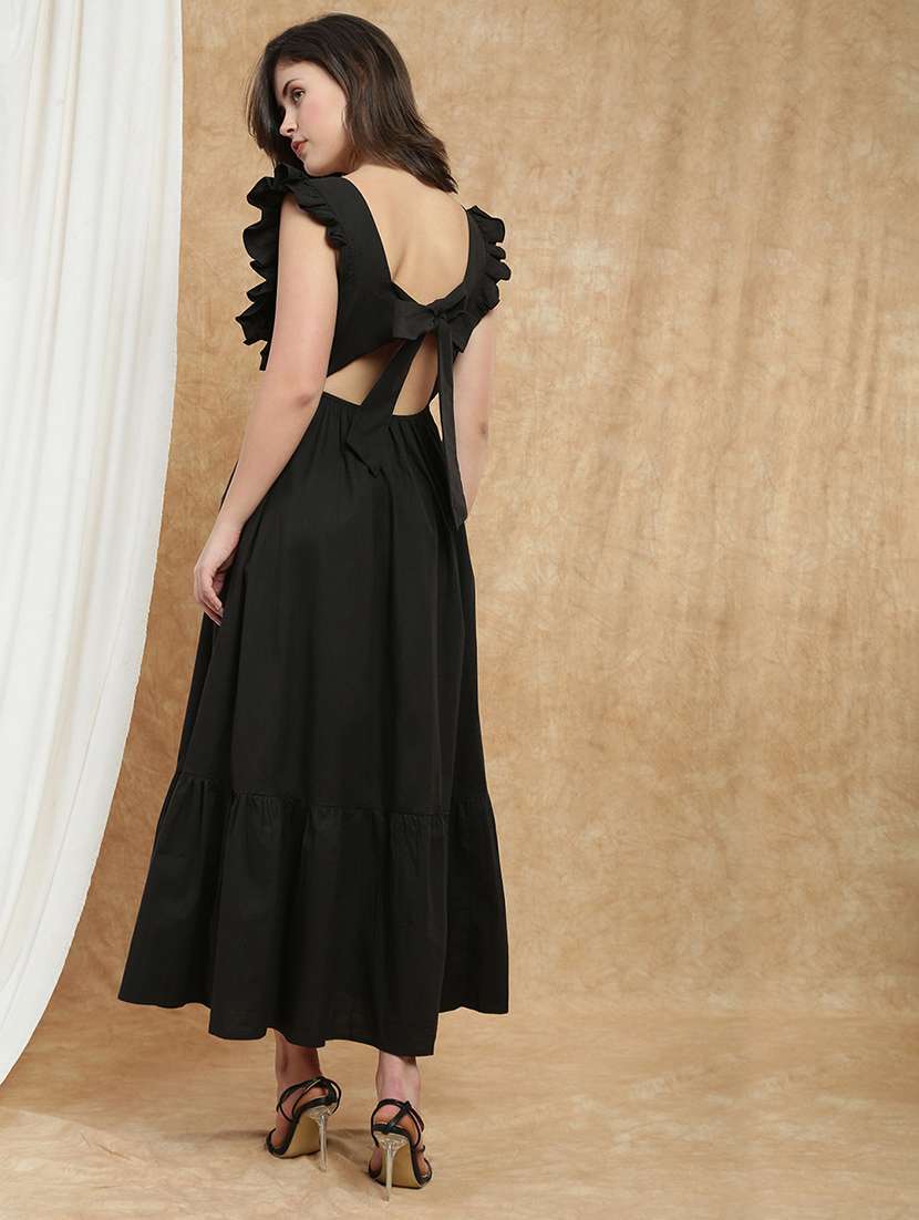 globus women black square neck flutter sleeves bow cut-out detail back tiered fit & flare maxi resort dress - 22174032 -  Standard Image - 2