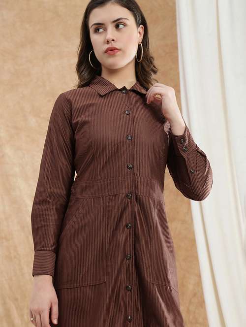 globus women brown collared neck cuffed sleeves self design utility pockets mini workwear shirt dress - 22174034 -  Standard Image - 0