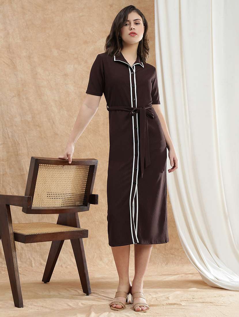 globus women brown collared neck short sleeves self design midi workwear shirt dress with belt