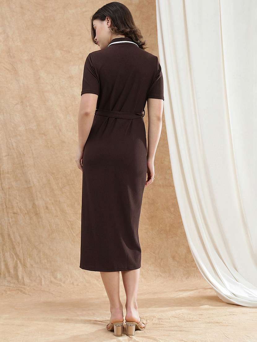 globus women brown collared neck short sleeves self design midi workwear shirt dress with belt - 22174037 -  Standard Image - 2