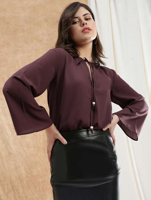 women solid tie-up neck bell sleeve regular top - 22174040 -  Standard Image - 0
