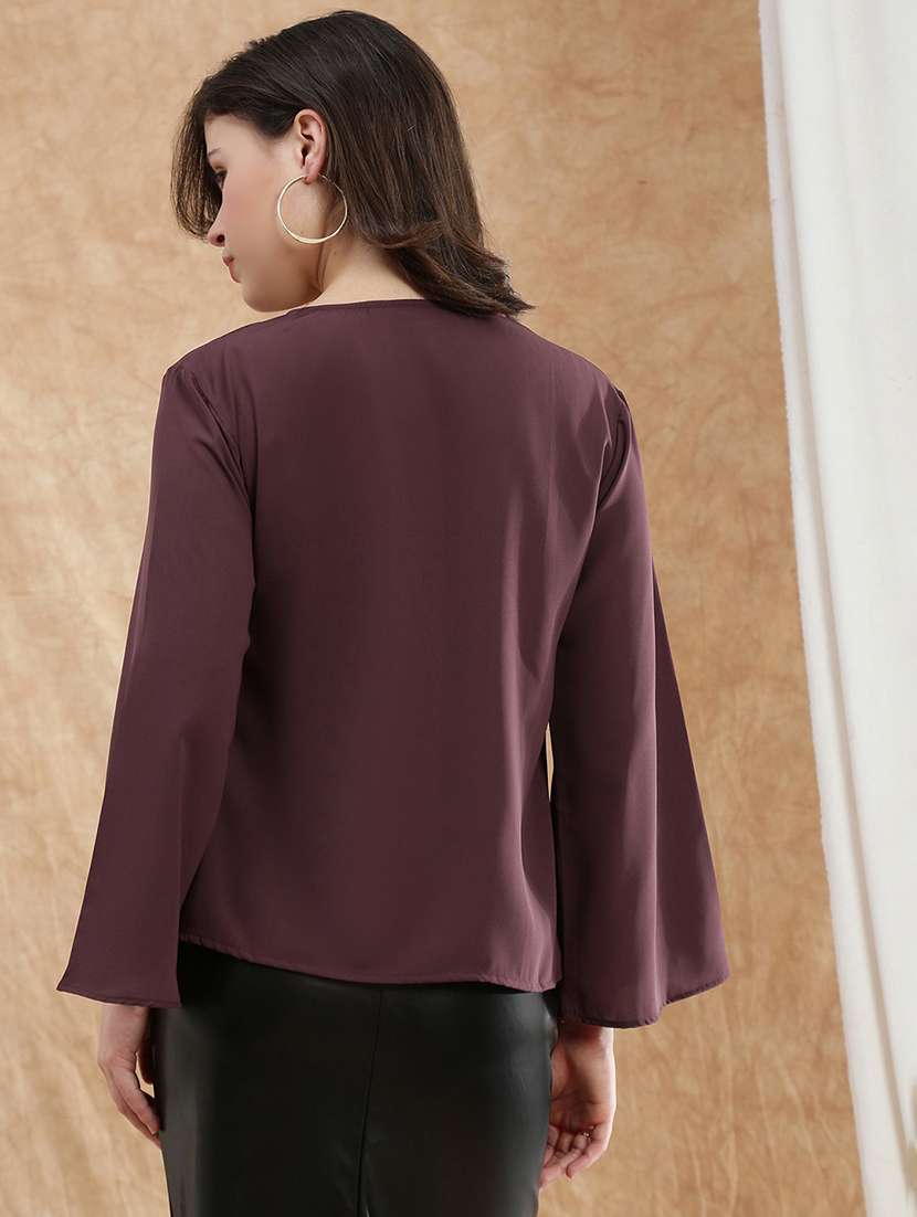 women solid tie-up neck bell sleeve regular top - 22174040 -  Standard Image - 2