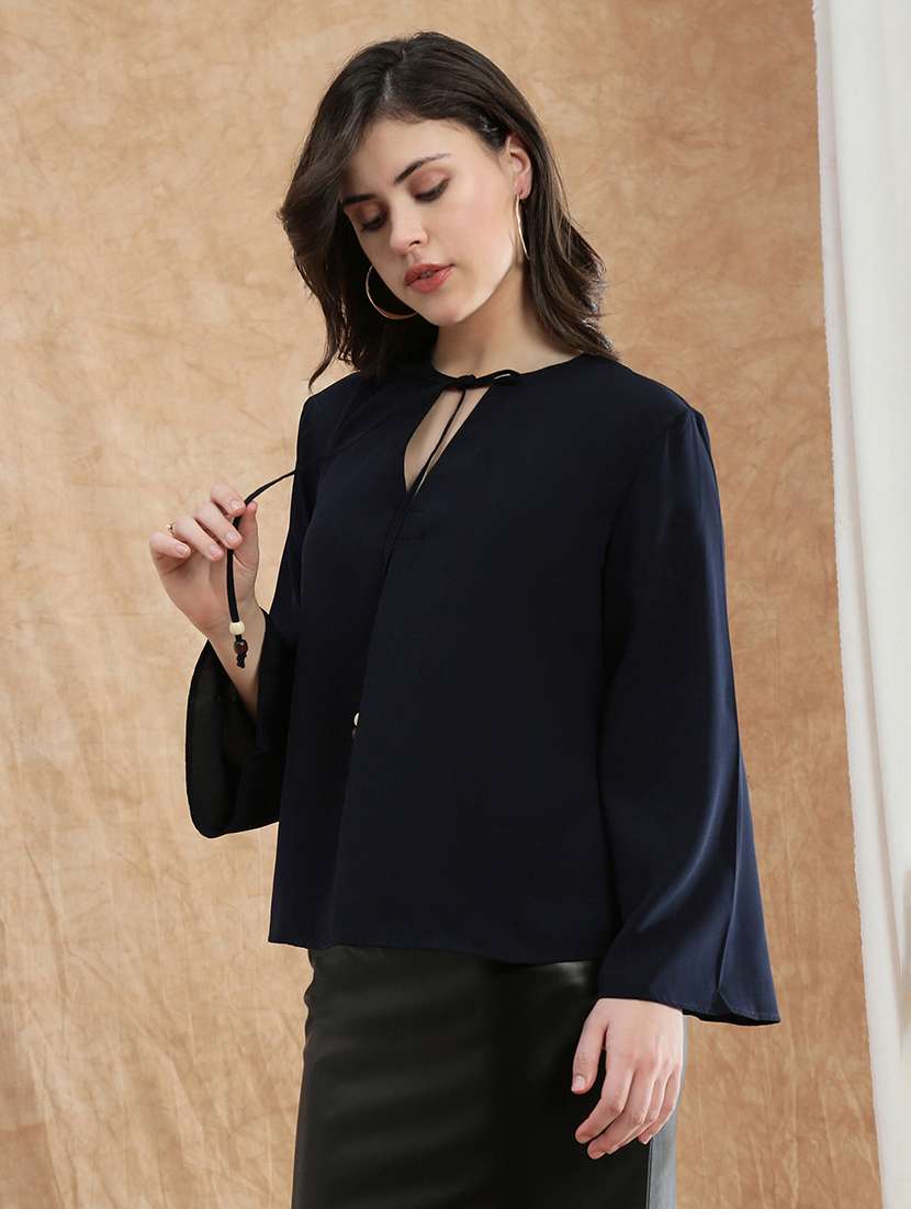 women solid tie -up neck bell sleeve regular top - 22174041 -  Standard Image - 2