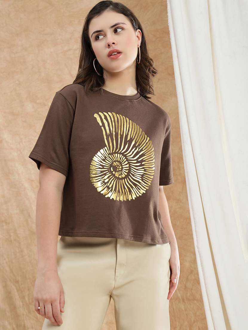 globus women brown gold foil graphic print round neck drop shoulder sleeves boxy crop t-shirt