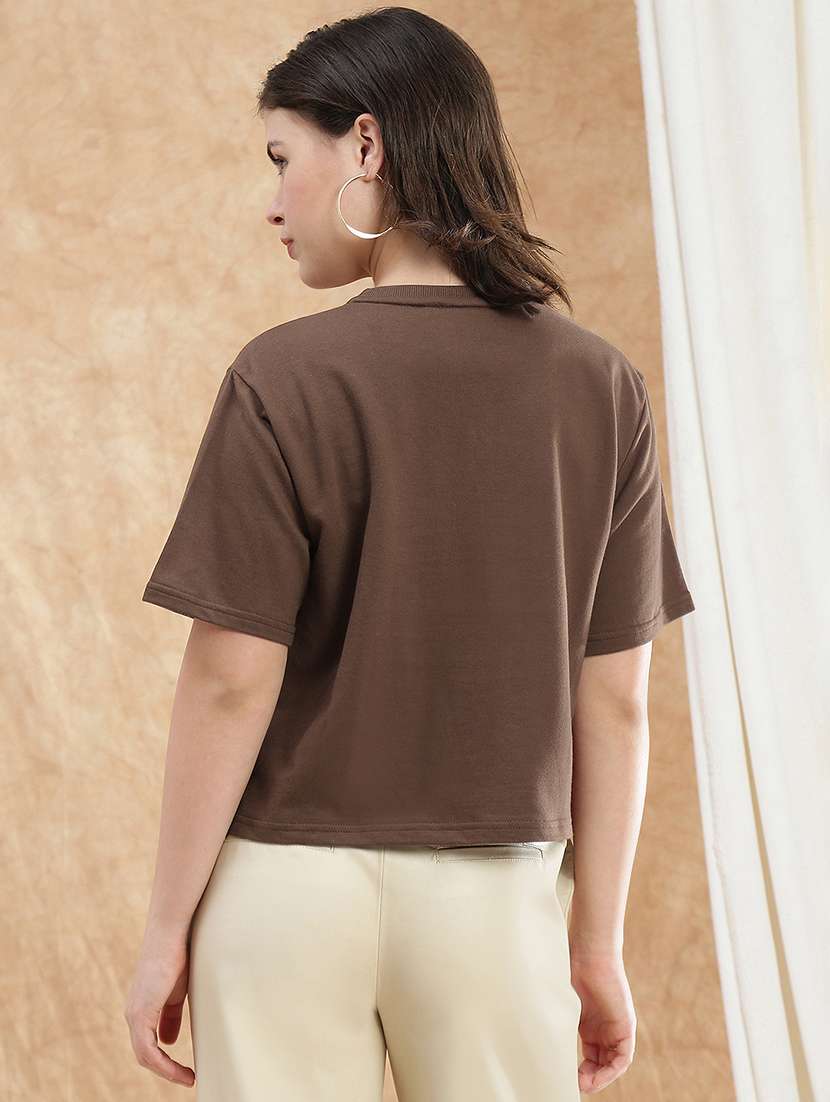 globus women brown gold foil graphic print round neck drop shoulder sleeves boxy crop t-shirt - 22174042 -  Standard Image - 2